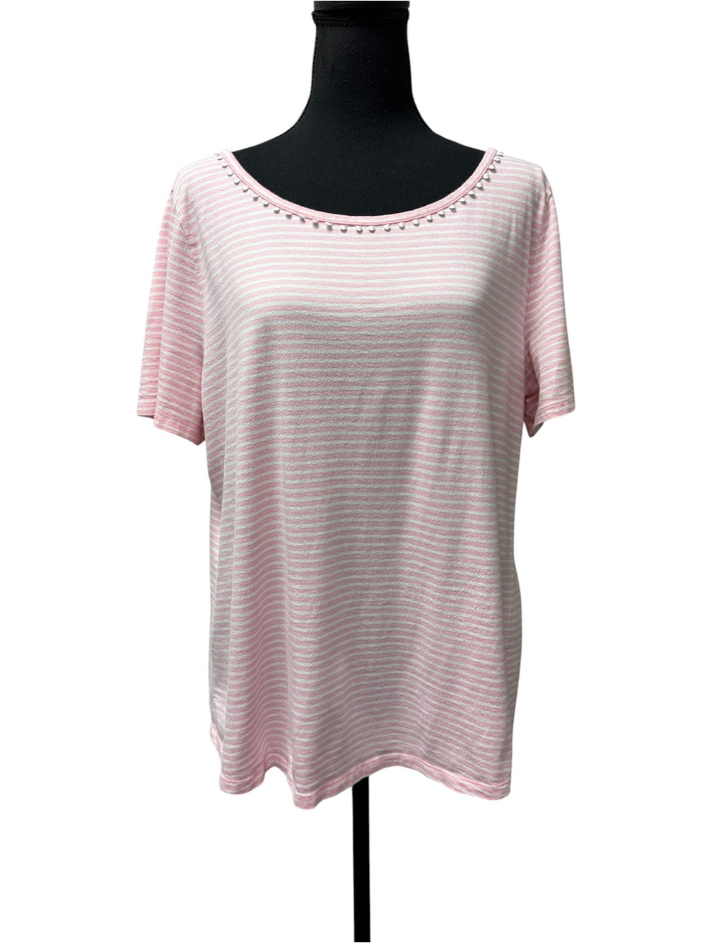 Talbots Pink & White Striped Cotton Top with Laced Scoop Neck Size XL